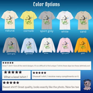 May include: A variety of t-shirts and sweatshirts in different colors, including natural, cornsilk, sport grey, white, sand, light blue, light pink, and gold. Each shirt features a whimsical design with a moon, caterpillar, and text. The image also includes customer reviews.