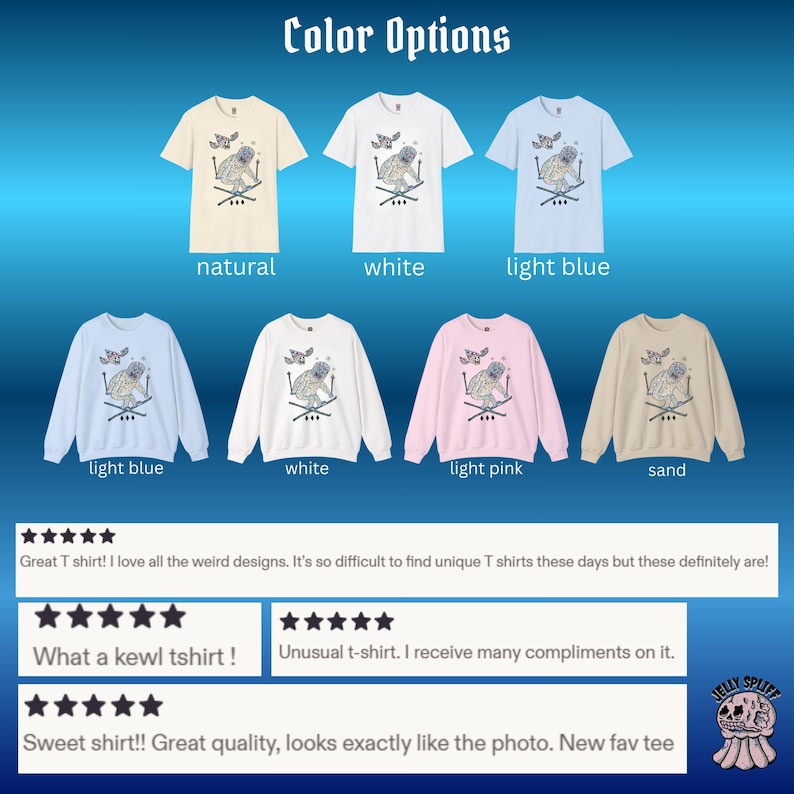 May include: A variety of t-shirts and sweatshirts in multiple colors, including natural, white, light blue, light pink, and sand. Each garment features a unique graphic design with a creature and butterflies. The text "Color Options" is at the top.