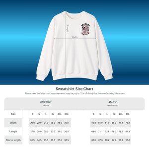 May include: White sweatshirt with a graphic of a cartoon character and the text "JELLY SPUD". The size chart shows width measurements from 20.0 to 30.0 inches and length measurements from 27.0 to 32.0 inches.