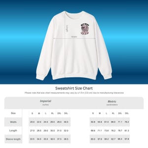 May include: White sweatshirt with a graphic of a cartoon character and the text "JELLY SPUD". The size chart shows measurements in inches, with a width of 20 inches for size small and 30 inches for size 3XL.