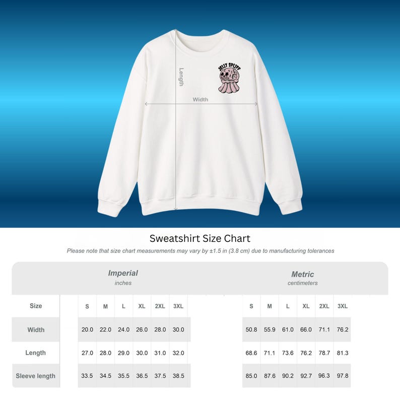 May include: White sweatshirt with a graphic of a cartoon character and the text "JELLY SPUD". The size chart shows measurements in inches, with a width of 20 inches for size small and 30 inches for size 3XL.