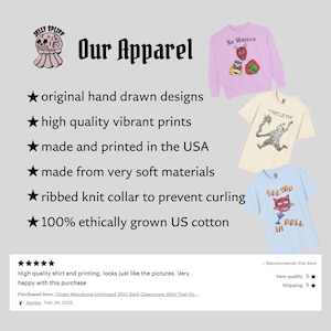 May include: Apparel display featuring a pink sweatshirt with a graphic, a cream-colored t-shirt with a skeleton design, and a light blue t-shirt with a cat graphic. Text includes "Our Apparel" and product details.