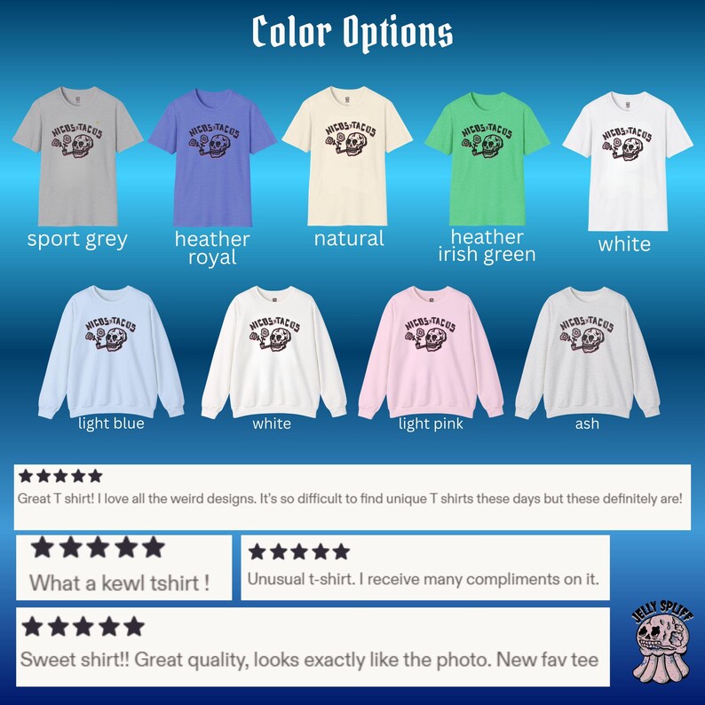 May include: A variety of t-shirts and sweatshirts in different colors, including sport grey, heather royal, and white. Each garment features a graphic of a skull smoking a taco, with the text "MICHS-TACOS".