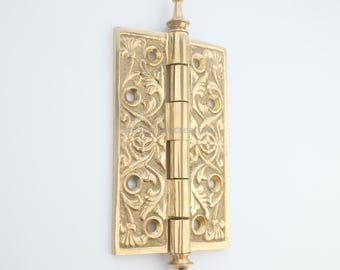 4.5" Detailed Unique Brass Door Hinge, Classic & Vintage Style Decorative Hinge
