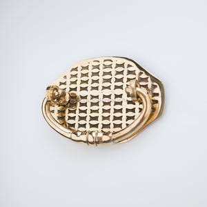 May include: A gold-toned cabinet pull with a decorative, geometric pattern and a curved handle.