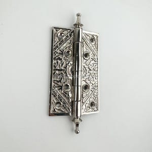 4.5&quot; Detailed Solid Brass Door Hinges, Vintage Silver Door Hinge, Decorative Hinges for Heavy Door