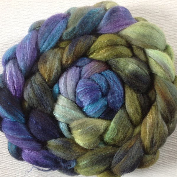 Hand Dyed roving for spinning or felting 3.55 Delphinium merino and tussah silk 80/20 Ready to ship