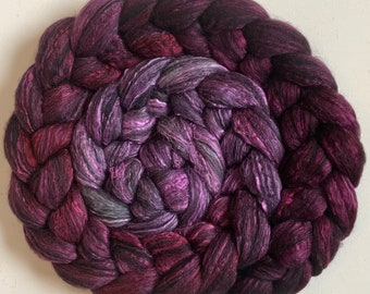 Hand Dyed wool roving 4ozs merino silk  70/30 for spinning or felting  black merino mulberry silk ready to ship