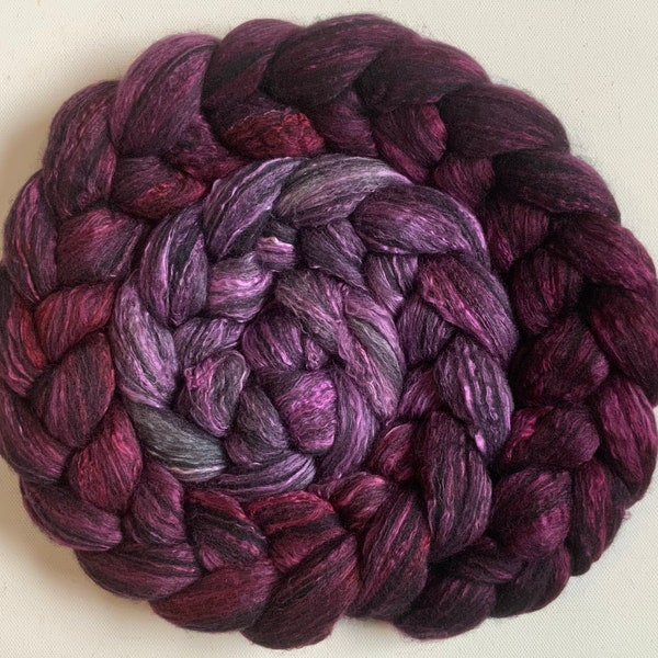 Hand Dyed wool roving 4ozs merino silk  70/30 for spinning or felting  black merino mulberry silk ready to ship