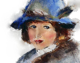 Girl in Blue Hat Art Print, Winter Child Portrait, Childs Room Decor