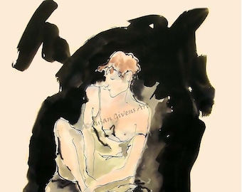 One breast visible, Meditating woman Art, Pen and ink nude, Full figure nude, Redhead ivory skin, Pen and ink nude, Fine art Nude Print