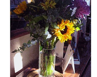Flower in Vase on Desk Black Eyed Susan, Summer Samba Bouquet Print