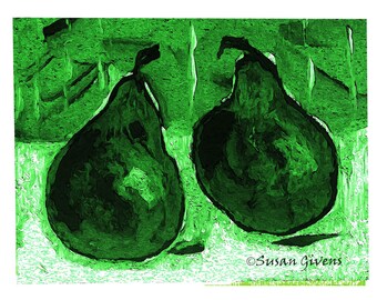 Stunning Contemporary Green Pears  Still Life Pear Art /Two Pears Chatting Emerald Digital Pears, Awesome Kitchen Decor