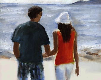 Man Woman On Beach, Lovers Walk On Beach, Beach Lovers Walk, Walking On Beach, Summer Beach Love, Signed Beach Print