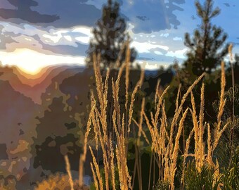 Abstract Wild Grass at Sunset Fall Landscape Print, Autumn Decor