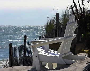 White Beach Chair Adirondack Chair Art, Adirondack Photo Art, Chair at Ocean, Foggy Beach Chair, Beach House Décor