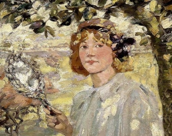 Apple Orchard Girl, Bessie MacNicol Art, Under the Apple Tree, 1889 Girl in Orchard, Child in Dappled Sunlight
