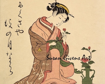 Japan Lady Ikebana, Suzki Harunobu, Woodblock Artist, 1725 to 1770 AD, Ikebana Flowers Art, Woodblock Flower Art