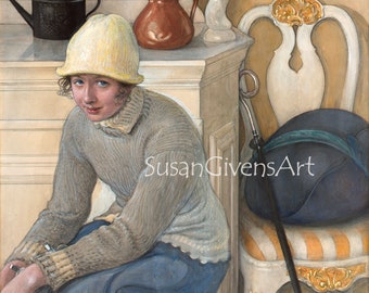 Ice skating Art Carl Larsson Art, Girl Putting on Ice Skates,  Swedish Girl Portrait Larsson Wall Art Larsson Drawing