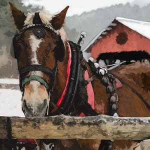 Sleigh Horse Art, Sleigh Ride Horse Print, Winter Sleigh Horse Print, Horse with Sleigh Bells Art Horse Gift for Children image 1