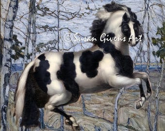 Pinto Stallion Horse Pawing the Air in Abstract Background Giclée Print