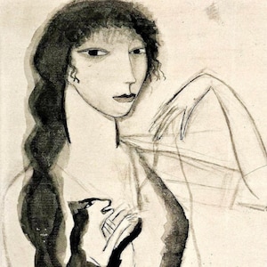 Marie Laurencin 1888, Portrait With Cat, Marie Laurencin Art, Self Etching with Cat, Paris France Artist Paris Décor