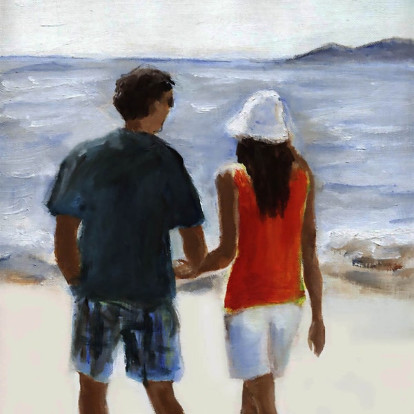 Man Woman On Beach, Lovers Walk On Beach, Beach Lovers Walk, Walking On Beach, Summer Beach Love, Signed Beach Print