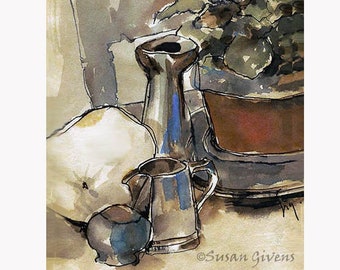 Danish Pewter Still Life Art Deco Tea Set Art Silver Creamer Print Pen Ink Watercolor, Pot of Violets Art Her Home Décor