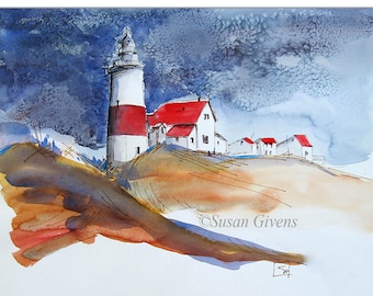 Lighthouse Painting Print, Stormy Lighthouse Print, Costal Landscape Art, Watercolor Storm, Salty Watercolor Sky
