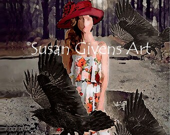 Vicious Ravens Attack Girl in Summer Dress Black Birds Maliciously Circle Her Print