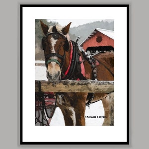 Sleigh Horse Art, Sleigh Ride Horse Print, Winter Sleigh Horse Print, Horse with Sleigh Bells Art Horse Gift for Children image 2