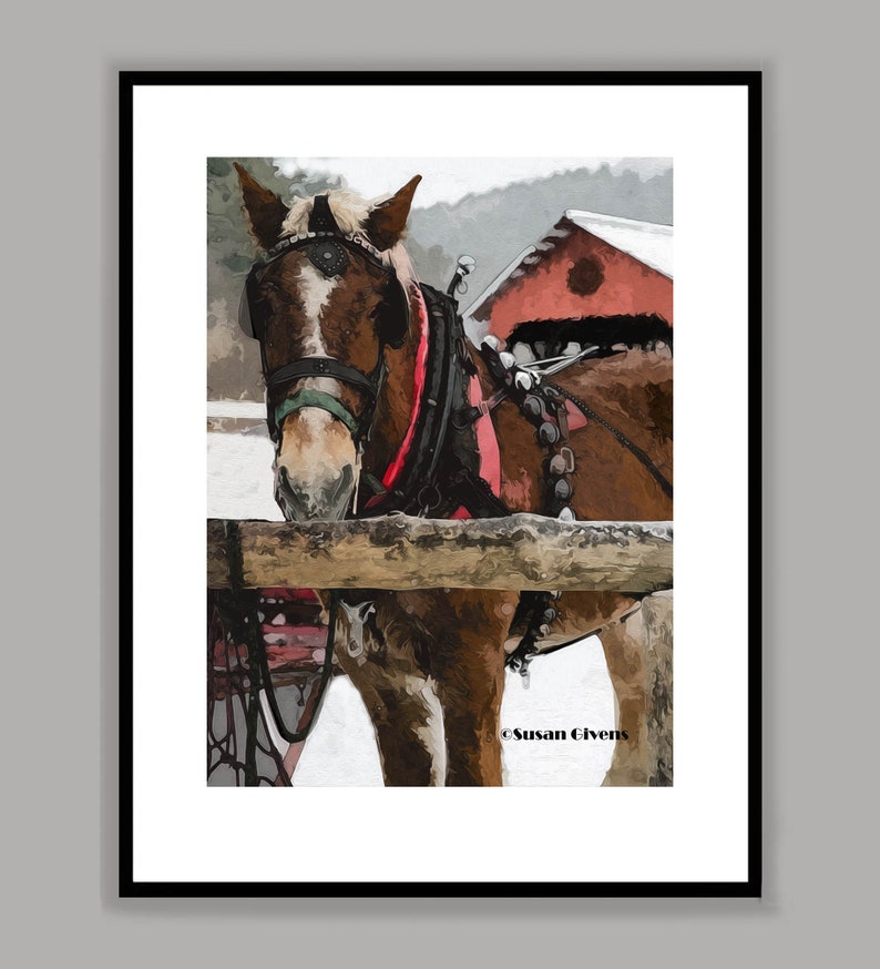 Sleigh Horse Art, Sleigh Ride Horse Print, Winter Sleigh Horse Print, Horse with Sleigh Bells Art Horse Gift for Children image 2