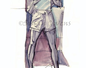 Artist In Shorts Print, Sketching In Shorts Artist in Short Shorts Ink and Watercolor Girl Sketching Art Hand Signed