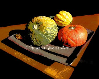 Harvest Gourds Photo, Pumpkins, Squash on Ceramic Dish Fine Art Print