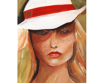 Sexy Sunglasses Girl Blond Beach Girl, Blonde Girl in White Hat Girl at Beach Art Sexy Beach Girl Portrait of Sexy Blonde