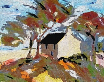 Windy Cottage Art, Little house Print, Abstract Landscape Image Blustery Day