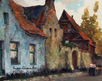 Blue House Village 1884 Bruges Village Art, Julien Celos Artist, Antwerp Autumn Art, Belgium Urban Art, Autumn in Bruges