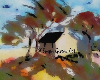 Cottage Print, Windy Day Bungalow Abstract House Landscape