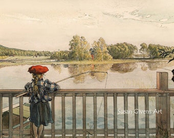 Carl Larsson Print, Swedish Girl fishing, Lisbeth Fishing art, Watercolor Art 1895, Lisbeth On Wharf, Braided Girl Fishing