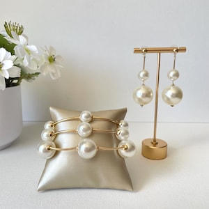 Gold Pearl Orbital Cuff Bracelet with matching Pearl Drop Earrings  - Stackable Women's Bangle
