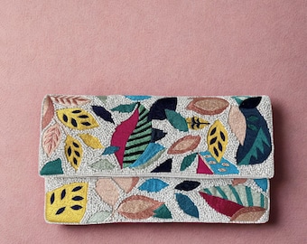 Floral Abstract Beaded Clutch: Boho Crossbody Bag with Silver Chain