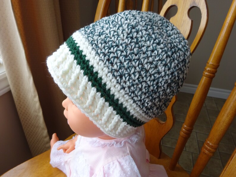 x 8 inch high Unisex Green Ragg Beanie Hat 2-4 year old size girl Sock Monkey Style boy Accessory l8 inch dia Crochet