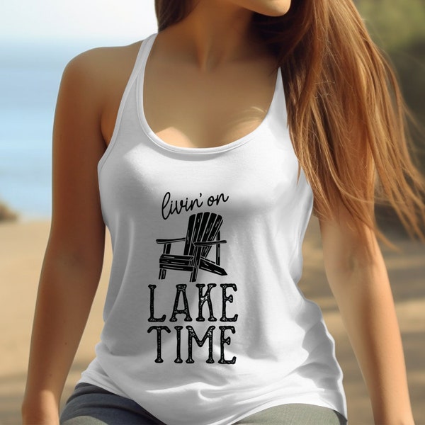 Lake Time Graphic Tank Top, Summer Vacation Sleeveless Shirt, Beach House Casual Wear, Black and White Design