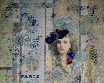 ORIGINAL Mixed Media COLLAGE Canvas Art Whimsical Pastel Tones Paris Paisley 17 x 24 Ready to Hang
