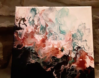 Dramatic Acrylic Poured Painting Black White Teal Pink