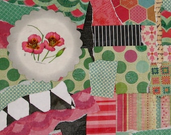 ORIGINAL COLLAGE ART Mixed Media Collage Canvas Art Whimscial Colorful Patchwork Of Papers Pink Teal Black White 11 x 14