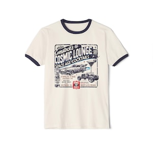 Comstock&#39;s Cosmic Lounge Space Age Cocktails Unisex Cotton Ringer T-Shirt Vintage Style Retro Libations