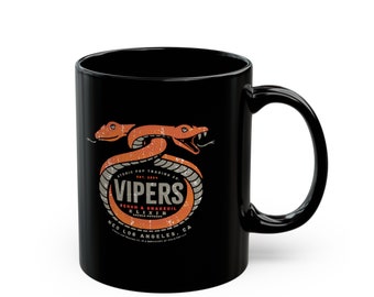 Vipers Venom & Snakeoil Black Coffee Mug by Atomic Pop Trading Co.(11oz, 15oz) vintage-style, retro futurist, pop culture humor gag gift