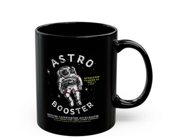 Astro Booster Morning Caffeinated Accelerator Black Mug by Atomic Pop Trading Co. (11oz, 15oz) vintage-style retro futurist pop culture