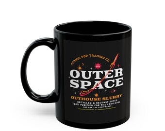 Outer Space Outhouse Slurry Black Mug by Atomic Pop Trading Co. (11oz, 15oz) vintage-style, retro futurist pop culture humor space gag gift